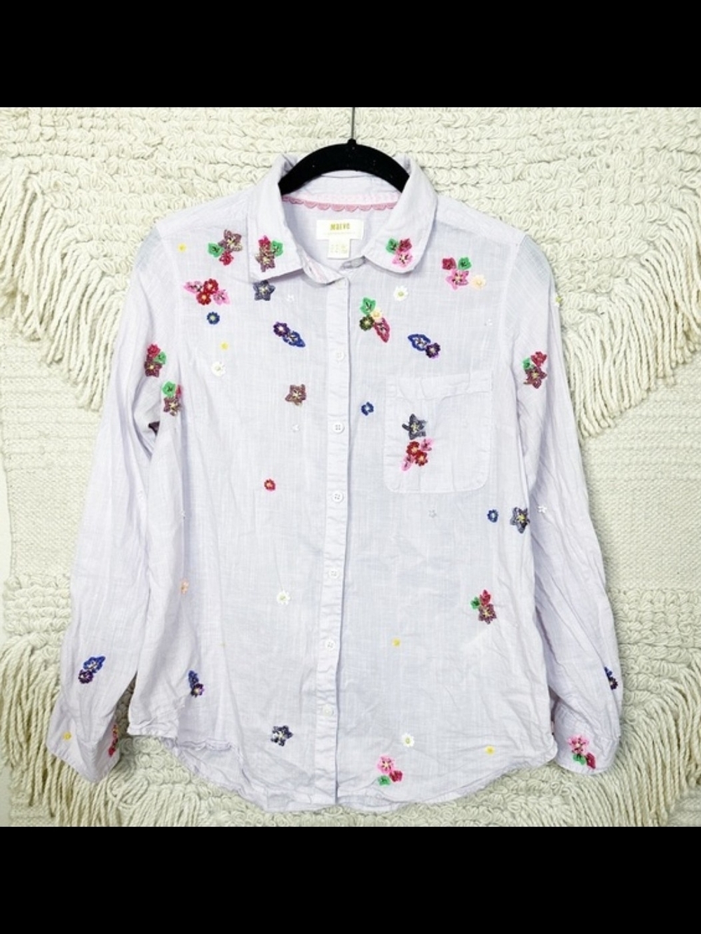 Mauve Lavender Button-Down Shirt with Floral Embroidery